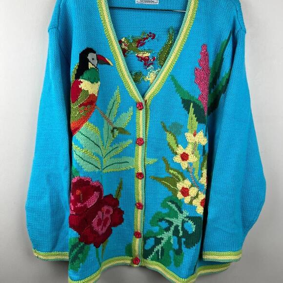 Storybook Knits Cardigan Sweater 2X Parrot Floral Knit Button Front Bright Blue - Picture 1 of 6